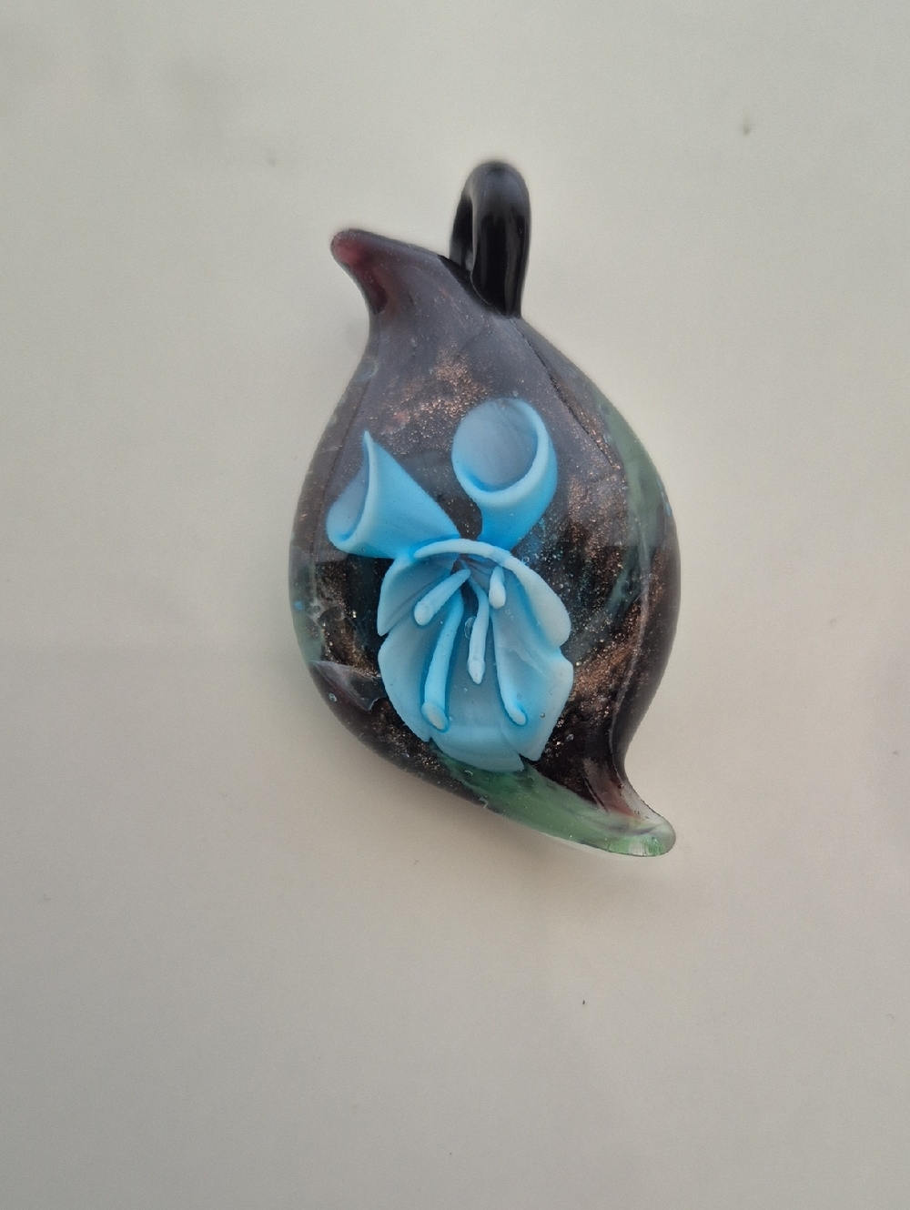 Murano Blue Floral Glass Pendant with Black and Green Accents